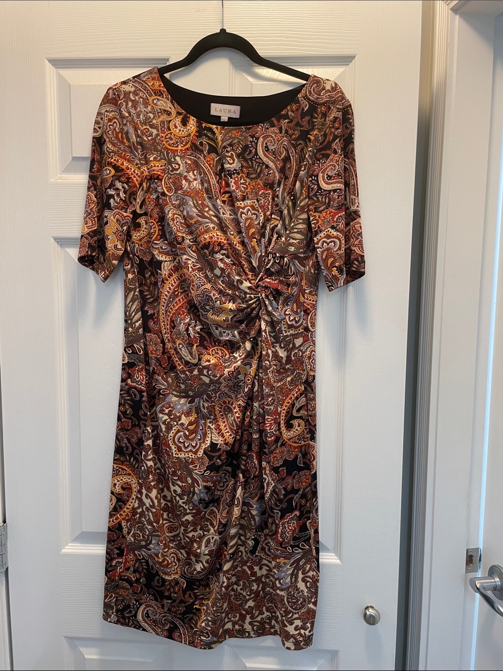 Laura Paisley Twist-Front Midi Dress in Brown and Orange